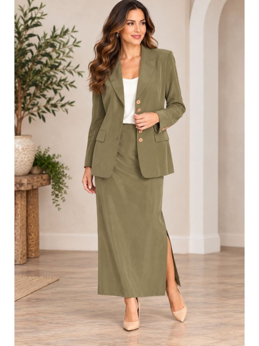 Vintage 90s Kasper ASL Silk Skirt Suit 6 Olive Green Blazer Maxi Skirt 2 piece